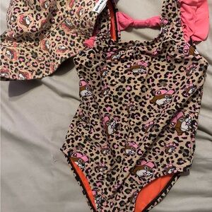 Leopard Print Kids Swim One Piece with Pink Accents + sun hat to match